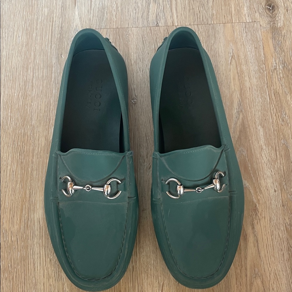 Gucci Green Rain Loafers with Silver Buckle